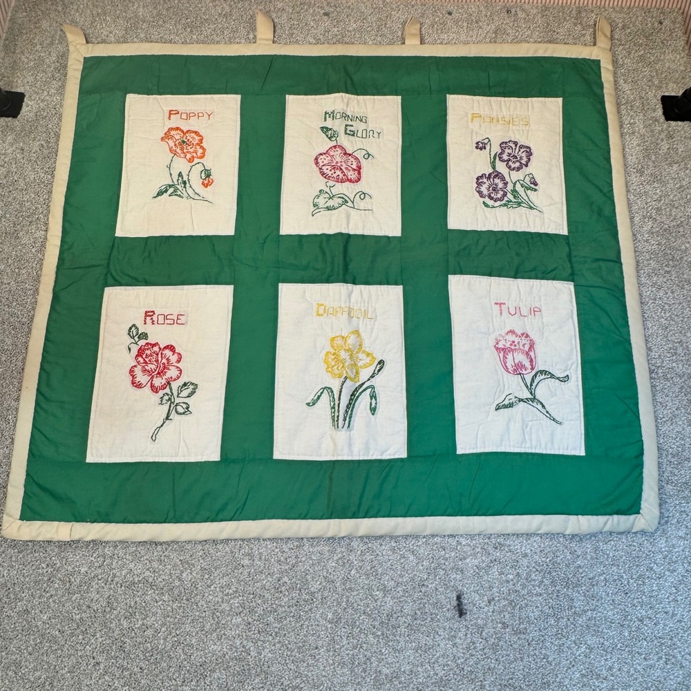Vintage Handmade Embroidered Floral Quilt Wall Hanging Green Botanical Garden